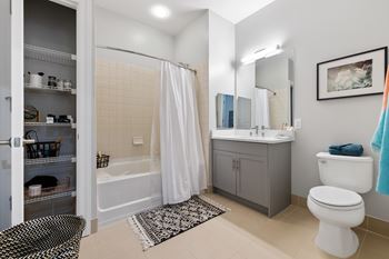 Bathroom with tub shower and gray vanity